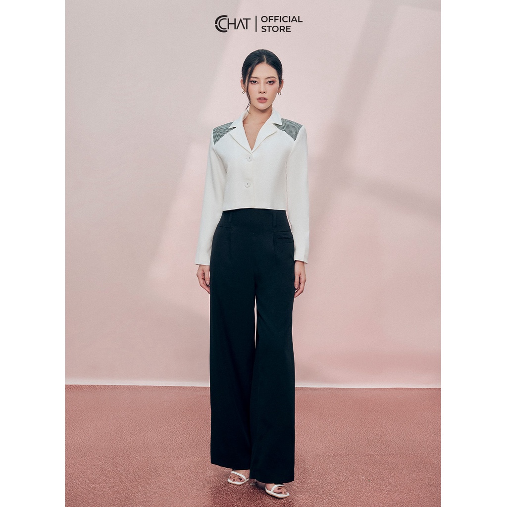 Áo Blazer Nữ 𝐂𝐂𝐇𝐀𝐓 Phối Vai Dáng Ngắn Chất Tuytsi Cao Cấp 22EHS8004ST