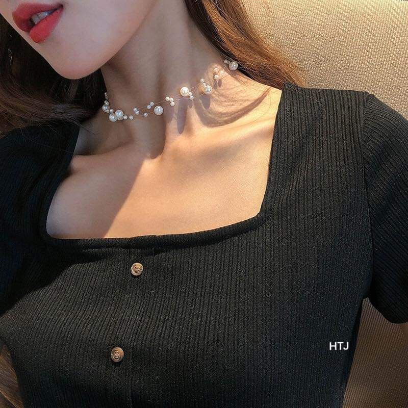 Vòng cổ choker tết sợi rối hạt ngọc khóa bạc 925