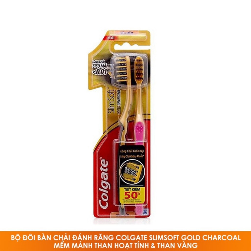 Bộ đôi Bàn chải đánh răng Colgate SlimSoft Gold Charcoal Mềm mảnh Than hoạt tính &amp; than vàng