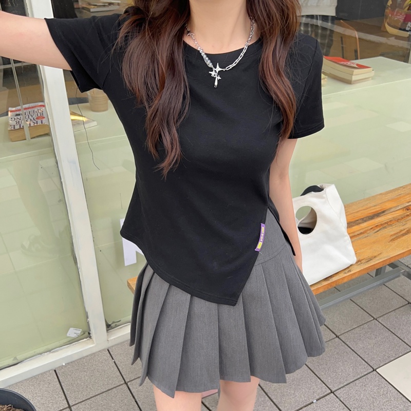 Áo Thun Tay Ngắn Cổ Tròn Xẻ Tà Thời Trang Dành Cho Nữ