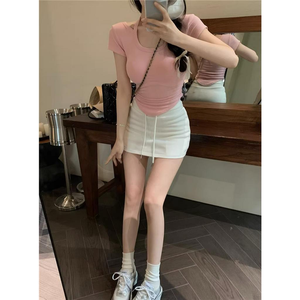 Áo Thun Croptop Tay Ngắn Cổ Tròn Màu Trơn Thiết Kế Không Đồng Đều Thời Trang Mùa Hè Mới Cho Nữ