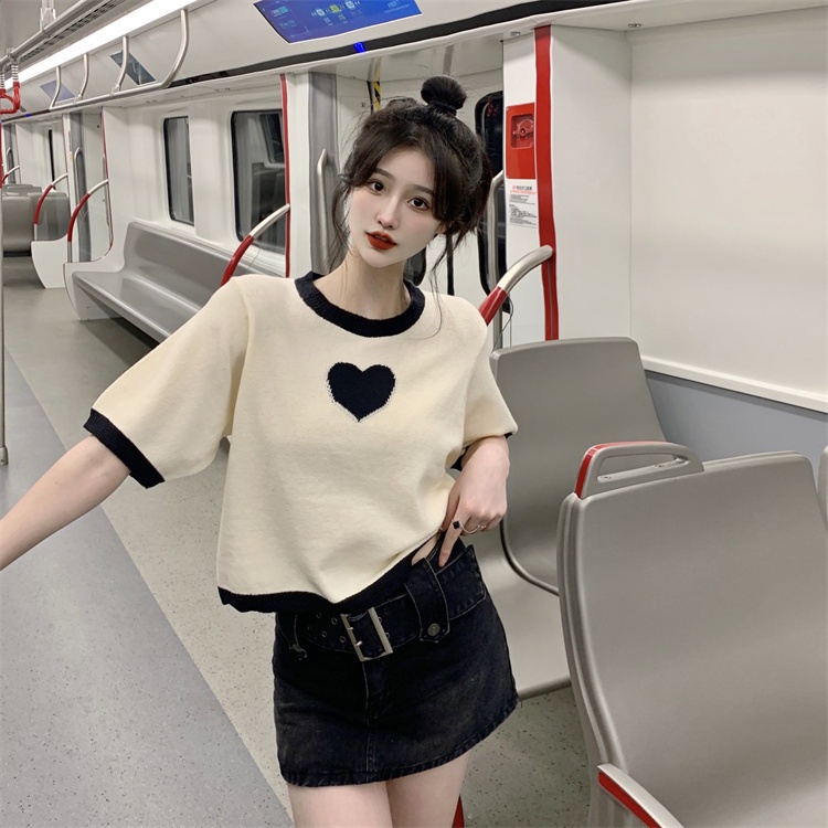 NZN Áo thun crop top tay ngắn in họa tiết trái tim phong cách Hàn Quốc dễ thương dành cho nữ