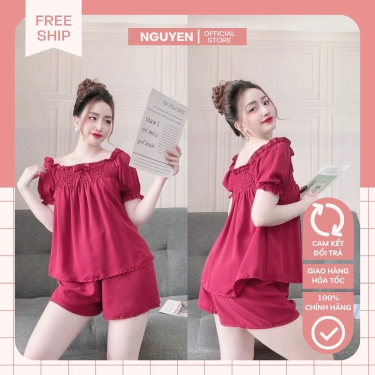 Đồ Bộ Nữ Áo Nhún Vai Chất Voan Tơ Cao Cấp NGUYEN, Đồ Mặc Nhà, Bộ Đùi Nữ Mặc Được Nhiều Kiểu Chất Mềm Mịn Xịn Xò. | BigBuy360 - bigbuy360.vn