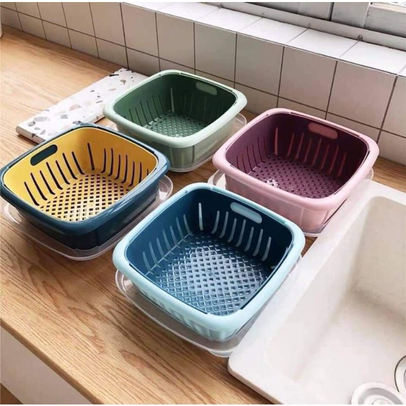 Hộp Rổ Đựng Rau Củ, Trái Cây Ráo Nước 2 Lớp Có Nắp Đậy 3 Trong 1 Đựng Đồ Đa Năng