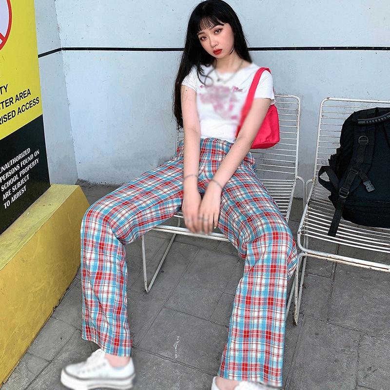 Quần Dài Ống Rộng Họa Tiết Ca Rô Phong Cách Hàn Quốc Dành Cho Nữ