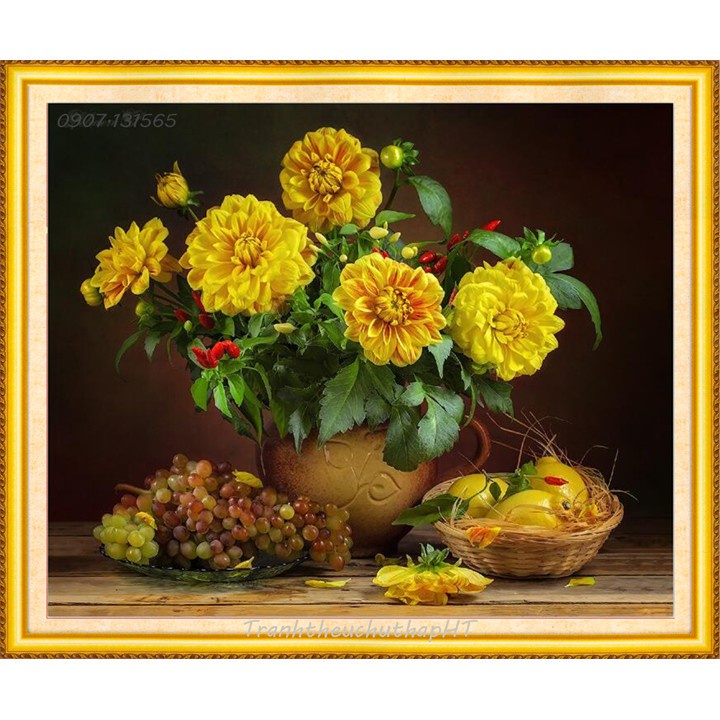 Tranh Đính Đá BÌNH HOA KHOE SẮC (ĐÁ ABC CAO CẤP). Kích Thước: 60cm x 50cm