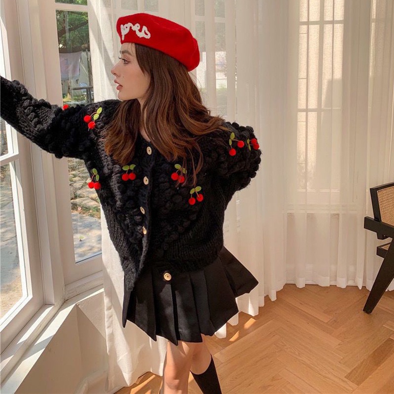 Áo khoác cardigan IELGY len dáng rộng họa tiết quả cherry phong cách retro thời trang dành cho nữ