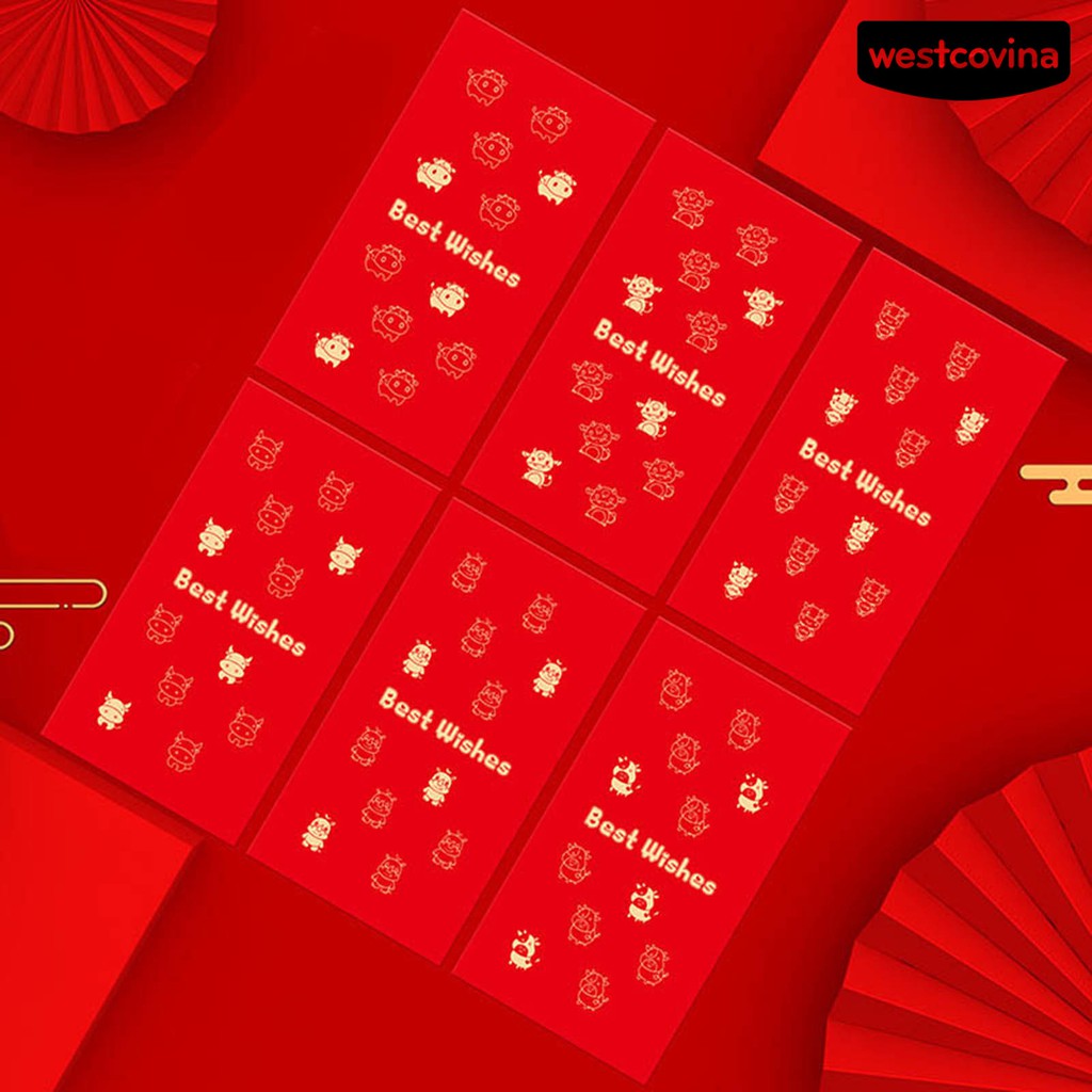 Set 6 bao lì xì đỏ in hình chú bò dễ thương cho năm mới 2021