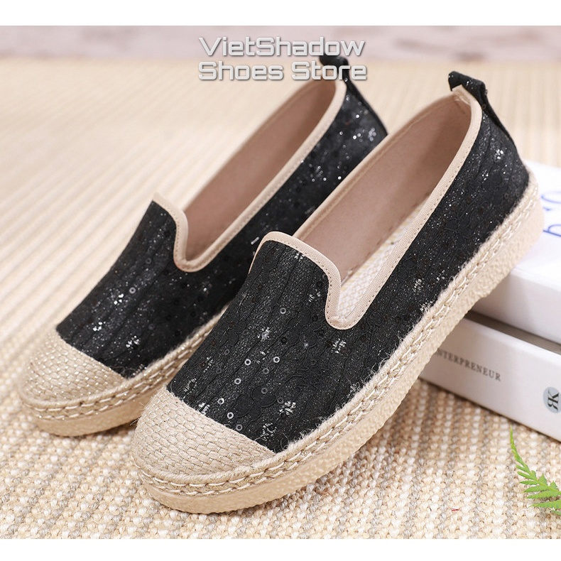 Giày slip on nữ - chất liệu vải ren hoa đính kim sa, mũi và viền bo cói đẹp và cá tính - Mã SP C06
