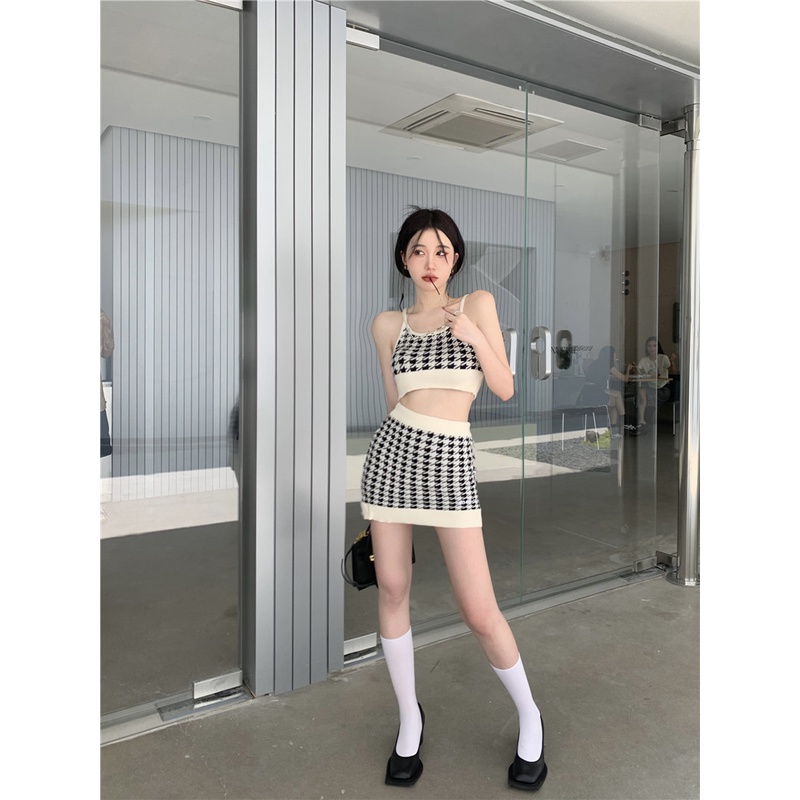 Bộ Áo Dệt Kim Ôm Dáng Phối Chân Váy Ngắn Họa Tiết houndstooth Thời Trang Phong Cách Hàn Quốc Cho Nữ