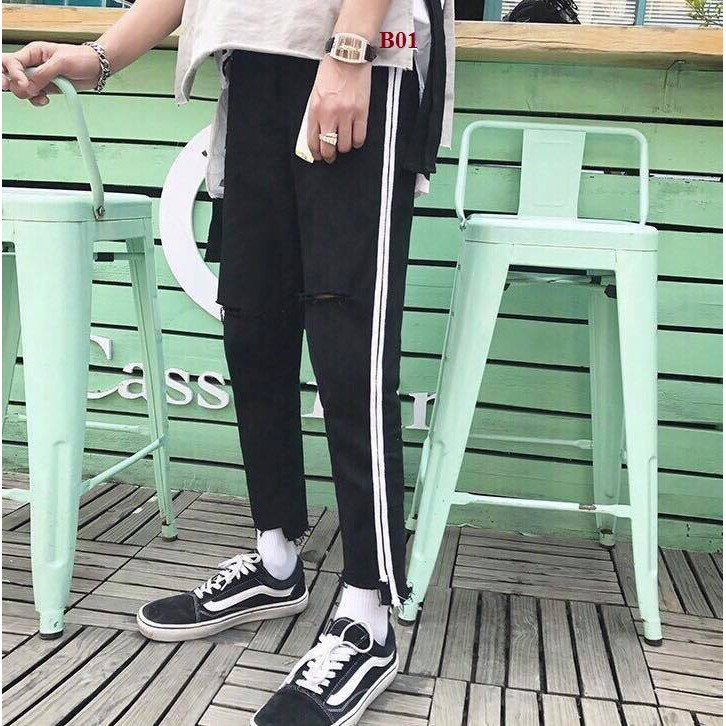 [ QUẦN JEAN BAGGY UNISEX QJ01 ] Màu đen rách gối 2 line trắng