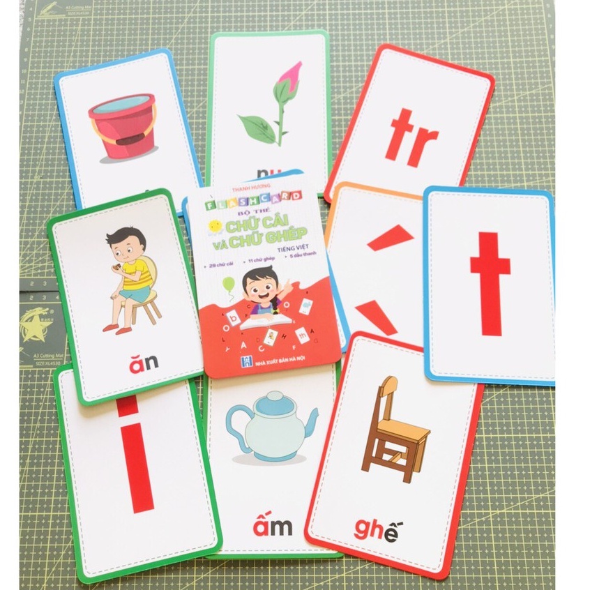 Bộ 42 Thẻ CHỮ CÁI và CHỮ GHÉP Tiếng Việt - size TO có hình minh họa sinh động cho bé