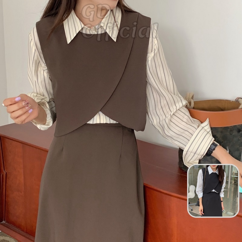 B61|Set bộ blazer công sở nữ áo croptop tanktop gile khoác cộc tay,váy cạp lưng cao thẳng suông đen nâu vest GDOfficial