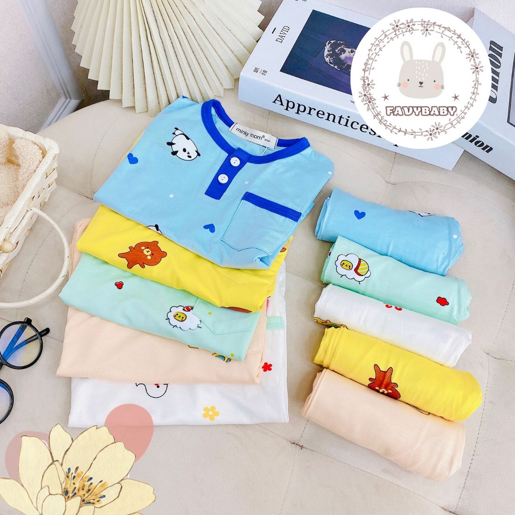 Bộ Dài Tay Bé Trai Bé Gái MINKY MOM Chính Hãng Thun Lạnh Có Nút Và Túi Hình In Gấu Cừu Cho Bé 0 1 2 3 4 5 Tuổi-Favybaby