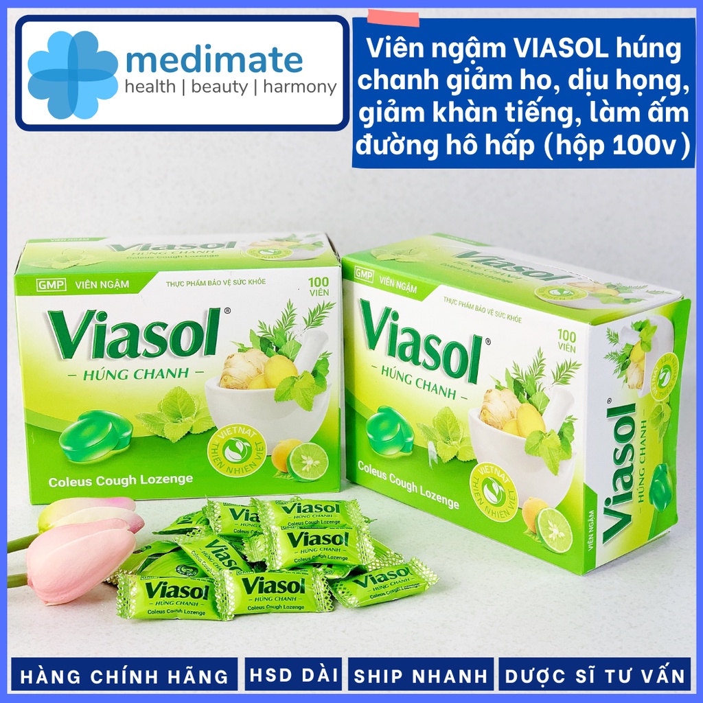 Viên ngậm VIASOL Húng Chanh giảm ho, giảm đau họng, dịu họng, làm ấm đường hô hấp (hộp 100 viên)
