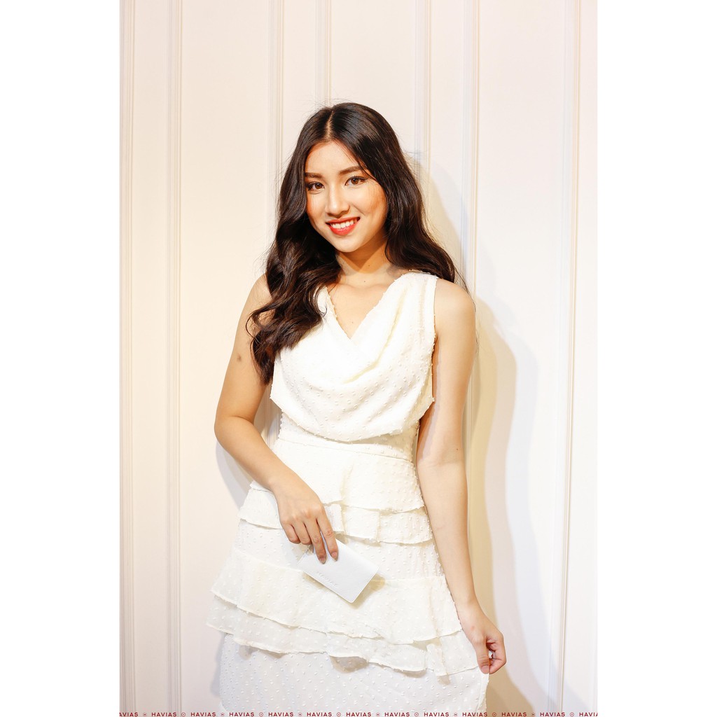 Đầm nữ HAVIAS may xếp tầng vải Premium Chiffon Hàn dệt nổi sợi bông chấm bi