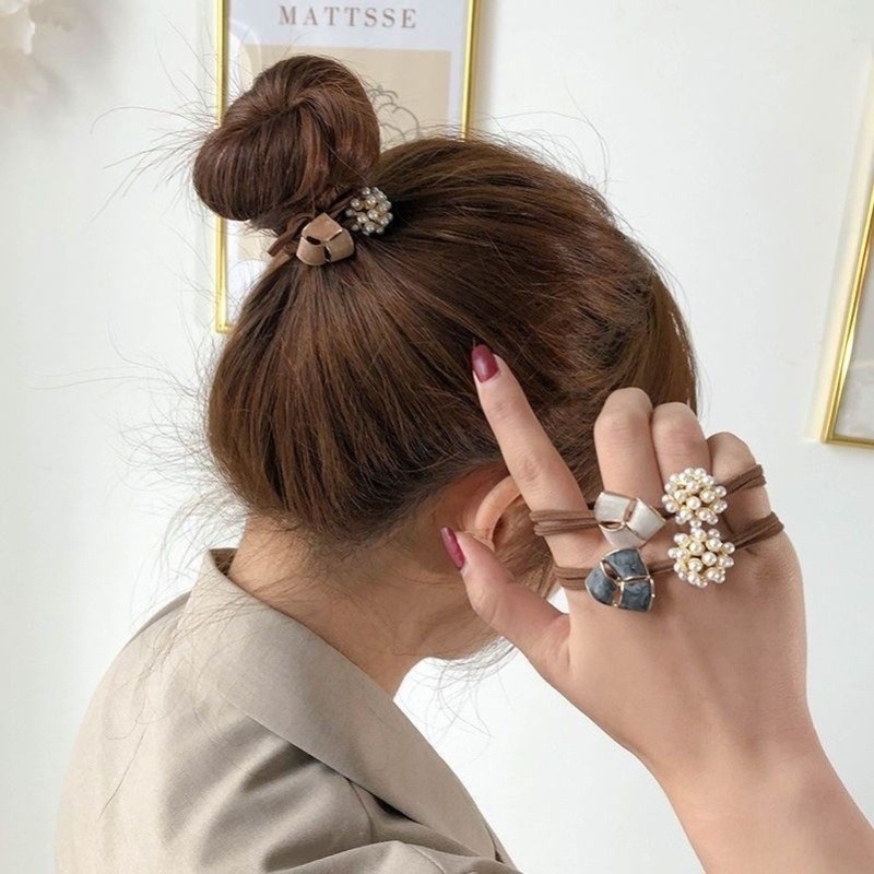 MANYUE Dây cột tóc bằng cao su đính ngọc trai đơn giản mẫu mới