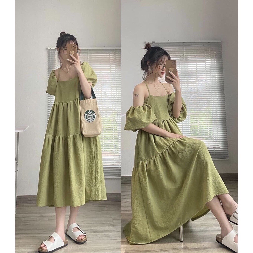 Váy Maxi 2 dây tay rời dáng babydoll chất đũi mặc được 4 kiểu phom suông màu đen xanh cốm trắng
