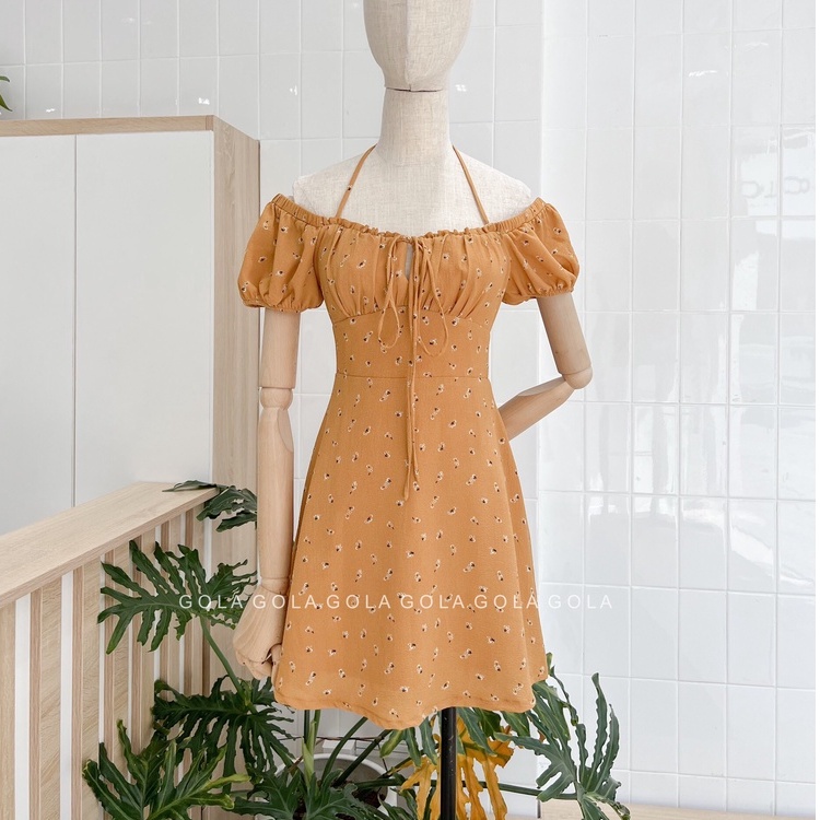 Đâm ANNA - Đầm hoa nhún ngực cột cổ