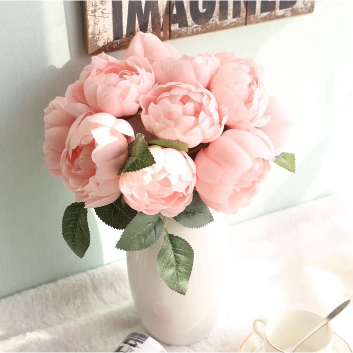 1 Bó 6 Bông Hoa lụa cao cấp trang trí nhà cửa mô phỏng hoa hồng trà mẫu đơn mang nét đẹp gần gũi với hơi thở Âu Châu