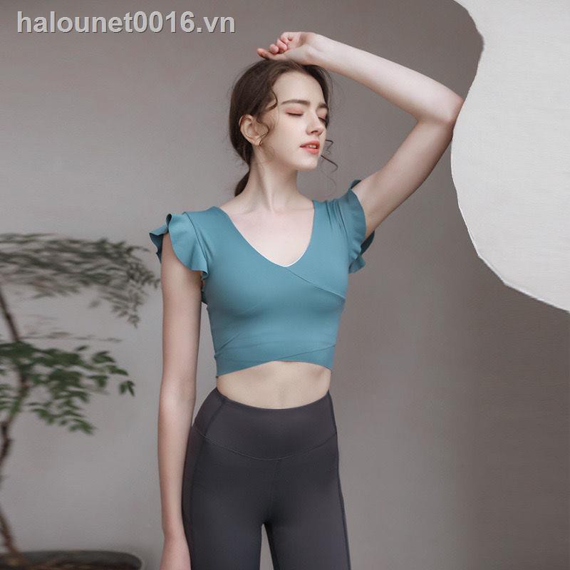 ✿Ready stock✿  2021 new ruffled yoga suit suit female summer sexy professional high-end top with chest pad, fashion fitness clothes