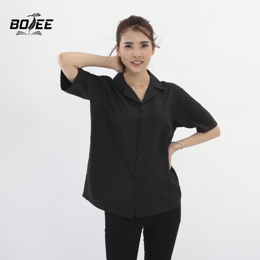 Áo sơ mi Đen Cổ Vest ngắn tay form rộng unisex nam nữ vải lụa | BigBuy360 - bigbuy360.vn