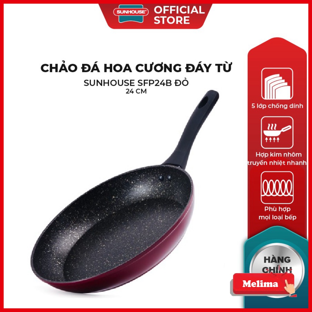 Chảo Đá Hoa Cương Đáy Từ Sunhouse SFP28 Đỏ, Xanh 28cm, Dùng trên mọi loại bếp, chống dính 100%, siêu bền, Melima