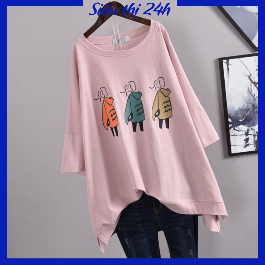 Áo thun form rộng tay lỡ, áo phông unisex Siêu thị 24 giờ, chất liệu vải mềm mát co giãn, họa tiết in hình 3 Cô Gái