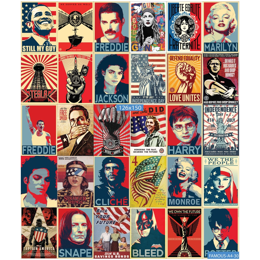 Combo Set 30 tờ Decal dán tường chủ đề FAMOUS A3,A4,A5