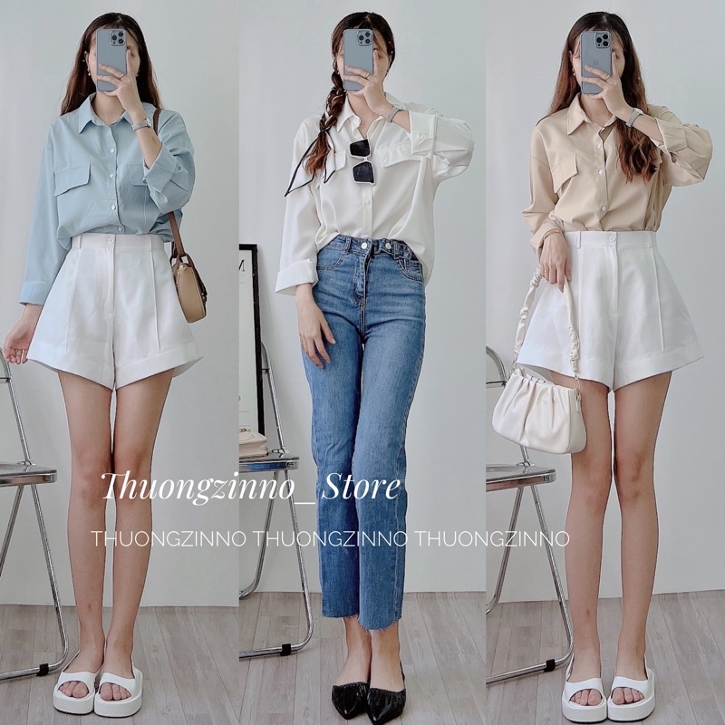 [Ảnh thật/Video]Áo sơ mi túi ngực dài tay form rộng hàn quốc