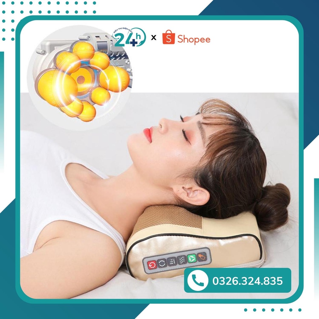 Gối Massage Hồng Ngoại 16 Bi Trị Liệu Nhật Bản, Mát Xa Giarm Đau Mỏi Cổ, Lưng, Vai Gáy