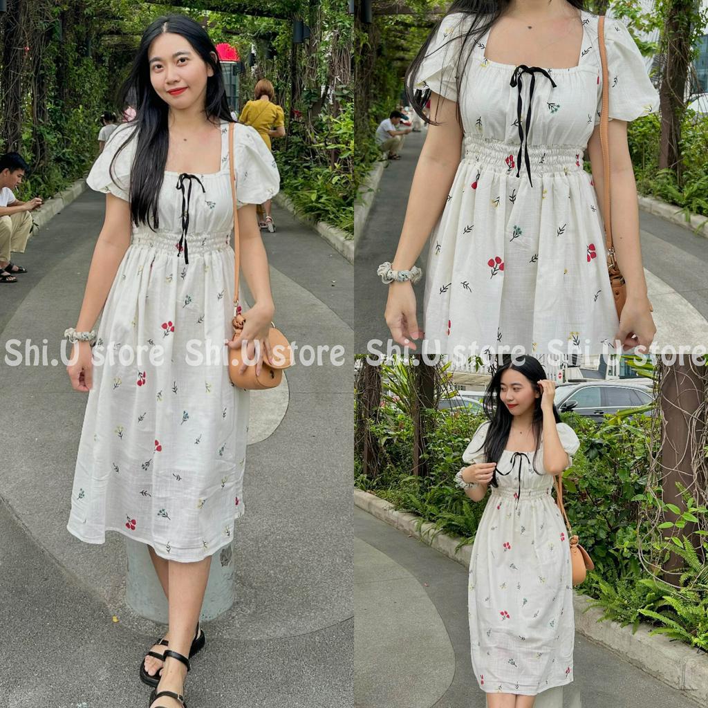Váy hoa cổ vuông tay bồng chun eo bản to dáng dài 2 lớp chất linen xinh xắn