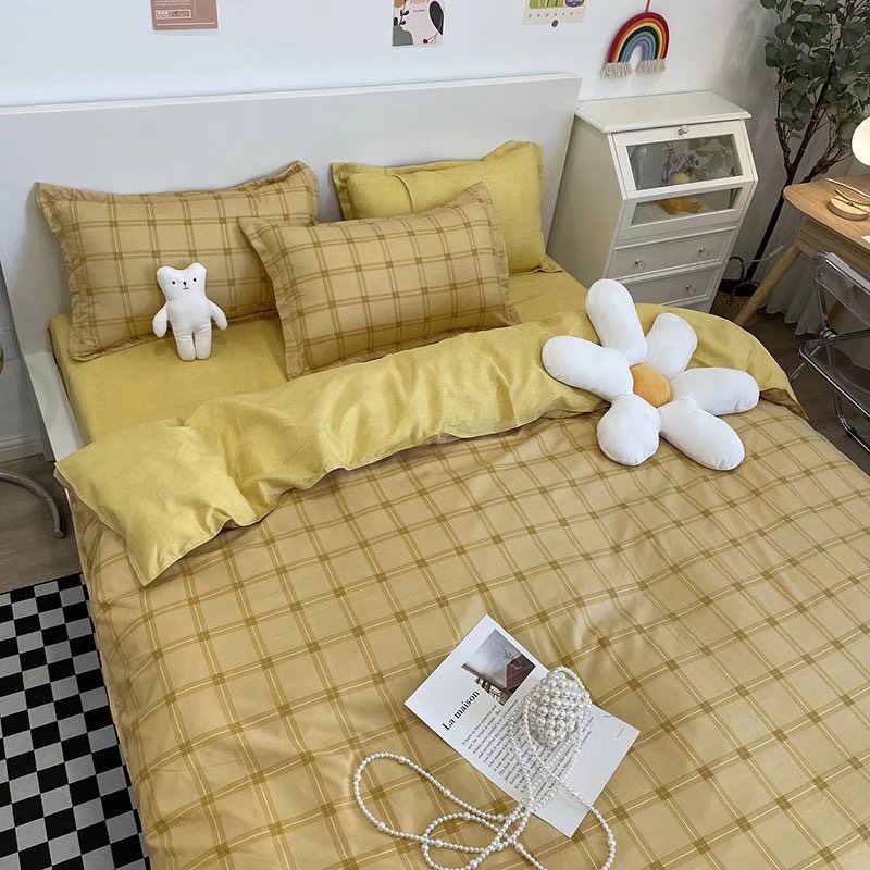 Bộ chăn ga gối Poly Cotton HQ Kẻ vàng cao cấp hot hit (Tặng vỏ gối ôm) - Miễn phí bo chun