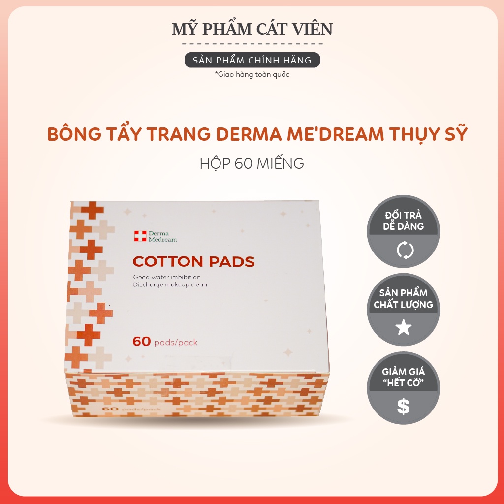 Bông tẩy trang Derma Me'Dream Thụy Sỹ, sợi bông cotton tự nhiên dịu nhẹ với da - hộp 60 miếng