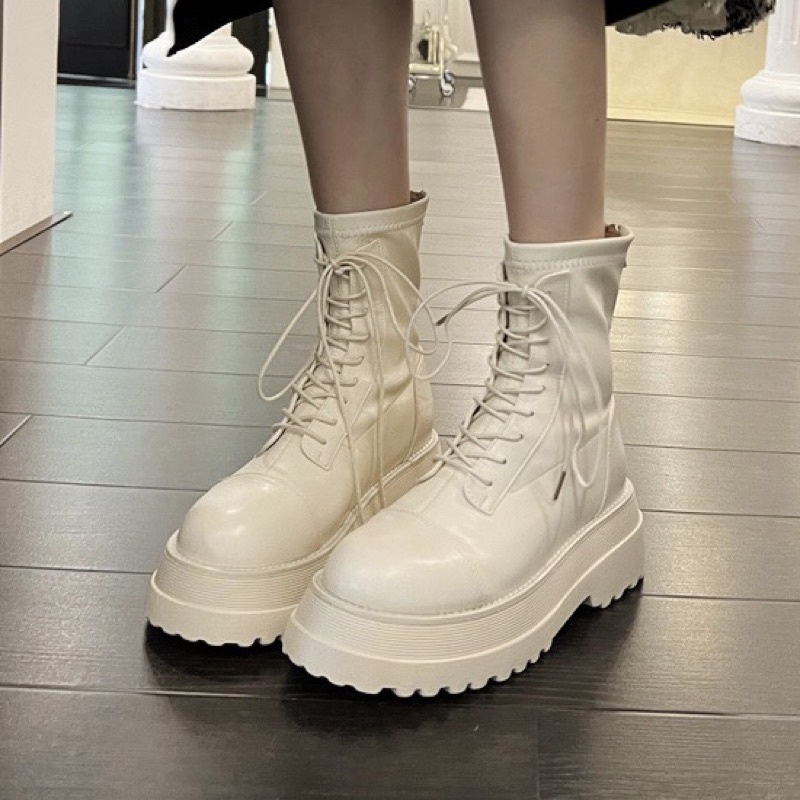 Giày bốt nữ buộc dây độn đế cao 6cm cá tính, Giày da ulzzang phong cách Hàn Quốc B400