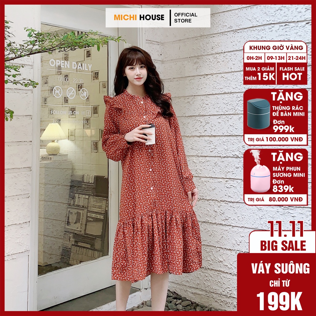 Đầm hoa nhí Dáng Suông Đuôi Cá Dài Tay Freesize V305 MICHI House Váy hoa Thu đông Mặc Bầu Thoải mái Xinh