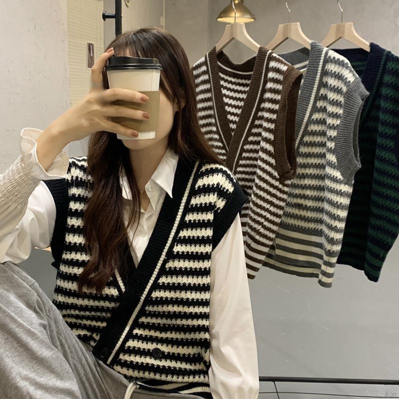 Áo len không tay họa tiết kẻ sọc phong cách retro Hàn Quốc cho nữ