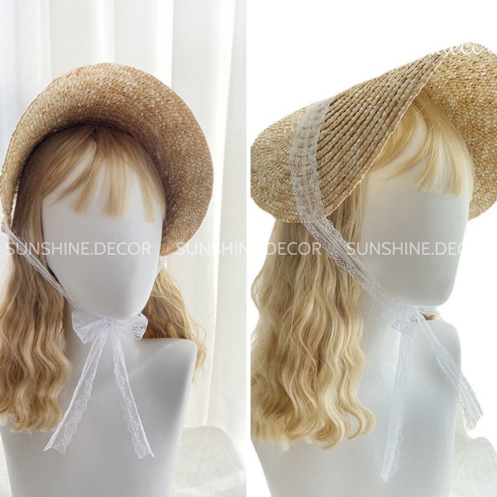 Mũ cói mũ rơm phong cách Lolita xinh xắn phụ kiện chụp ảnh du lịch, mũ đi biển dây ren