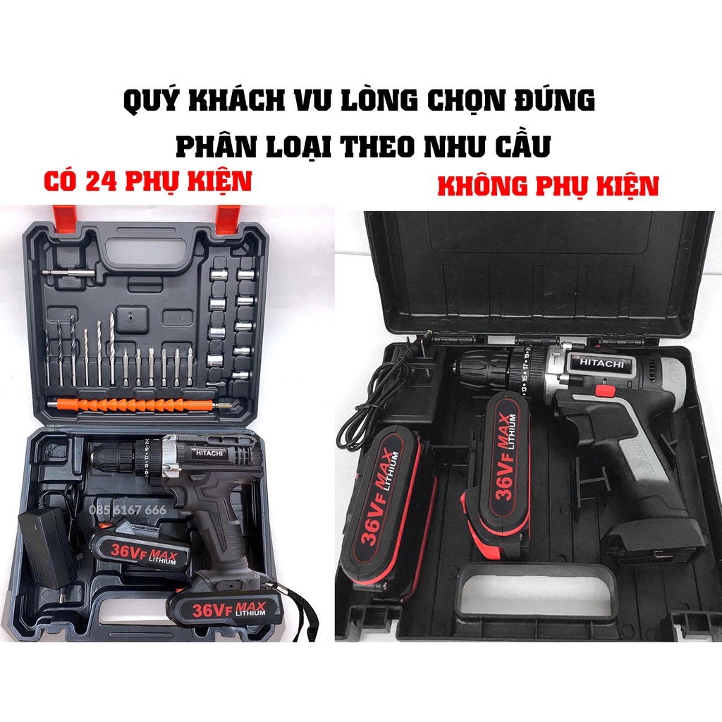 [Tặng bộ 24 mũi khoan] Máy Khoan Pin Hitachi 36v có búa–3 chức năng kèm 2 pin chuẩn 5 cell, Lõi đồng - Máy Bắn Vít Cầm