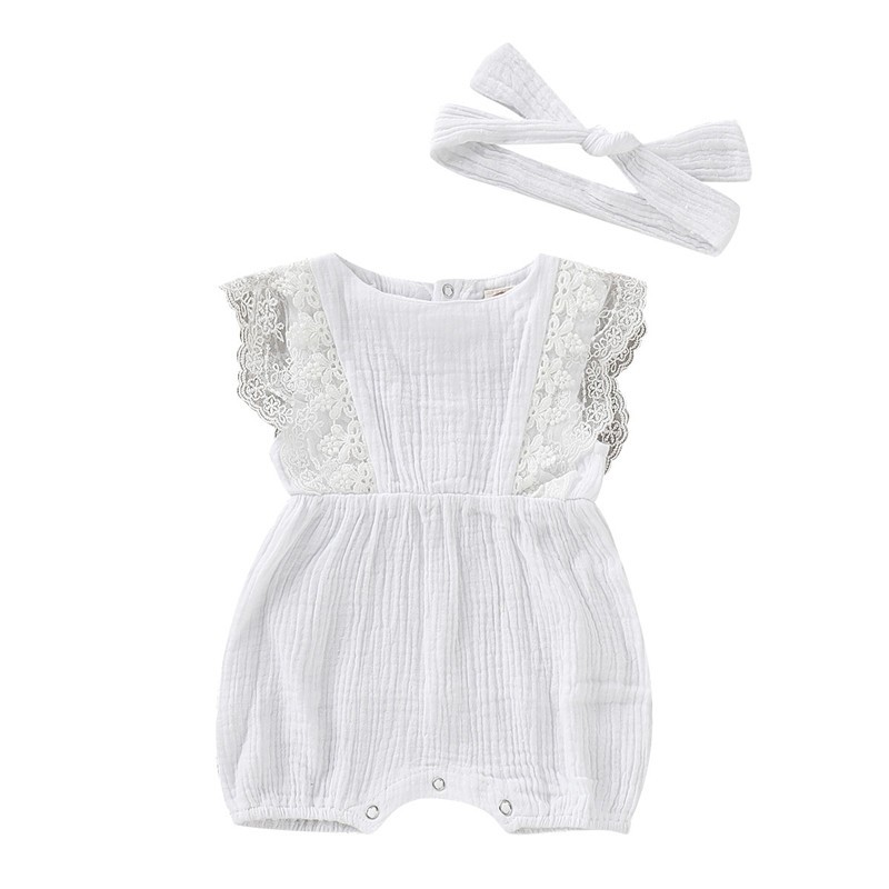 Bộ romper Mikrdoo không tay bằng cotton + băng đô màu trơn dễ thương cho bé sơ sinh