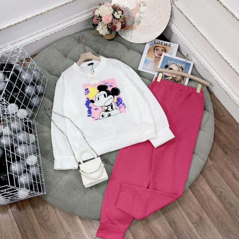 BỘ ÁO NỈ CHUỘT MicKEY QUẦN HỒNG BO GẤU
