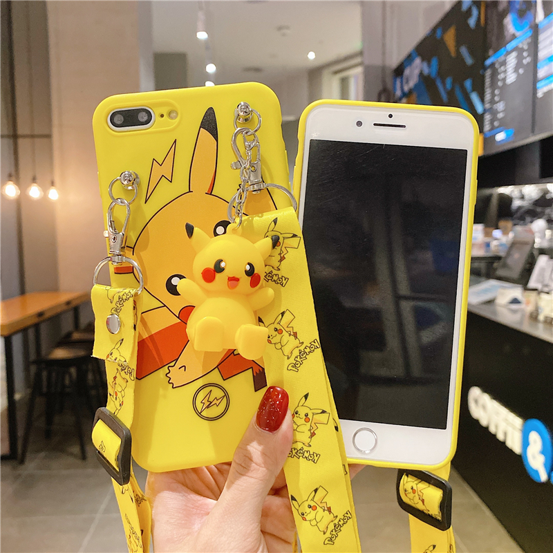 Ốp điện thoại mềm họa tiết Pikachu có dây đeo dành cho iPhone 6 6s 7 8 Plus X XS Max XR 11 Pro Max