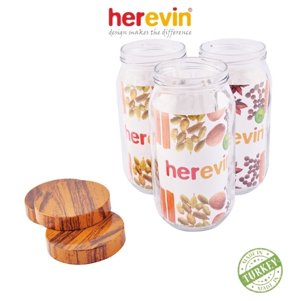 Bộ 3 Hũ Thuỷ Tinh Herevin Tròn Trơn Nắp Woody 1L - HEHU231377-205