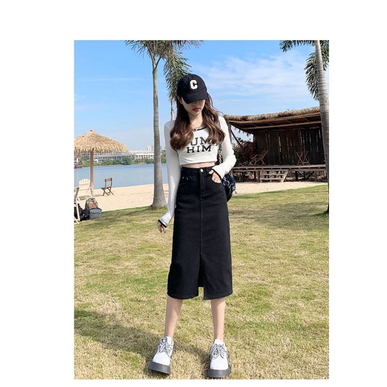 Chân Váy Jean Dáng Dài Xẻ Trước Thời Trang Phong Cách Hàn Quốc V03