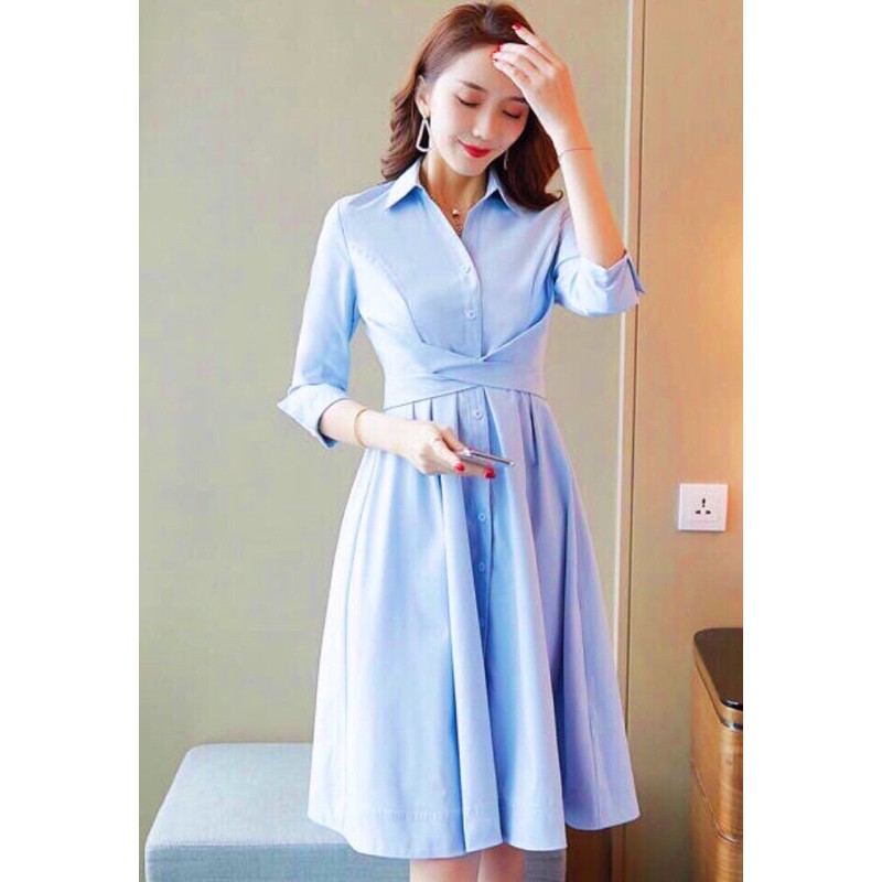Đầm Váy Xanh Cột Chéo Eo
