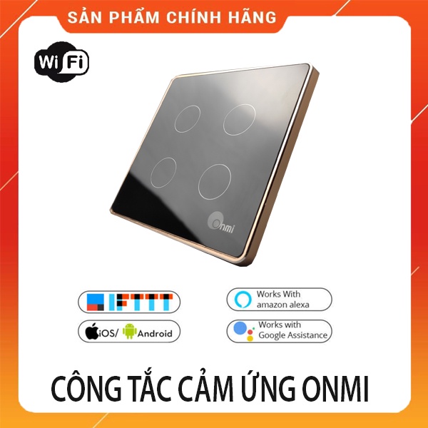 Công Tắc Cảm Ứng Thông Minh 1,2,3,4 Nút Hình Vuông - Kết nối WiFi- Mặt Kính,Viền Vàng ONMI Chính Hãng, BH 1 đổi 1.