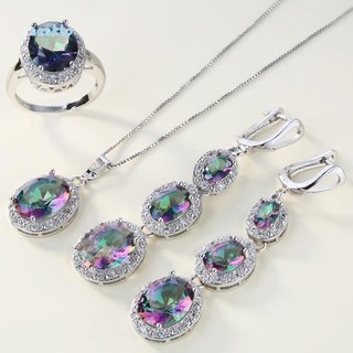 Set dây chuyền + nhẫn đính đá Topaz nhân tạo nhiều màu