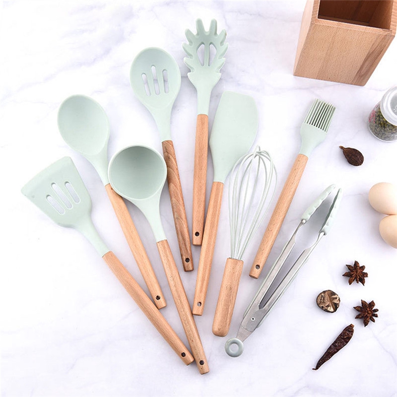 NA| Silicone Kitchen Cooking Utensils Natural Wood Handle Cooking Tools Turner Tongs Spatula Spoon with Organizer - Blue