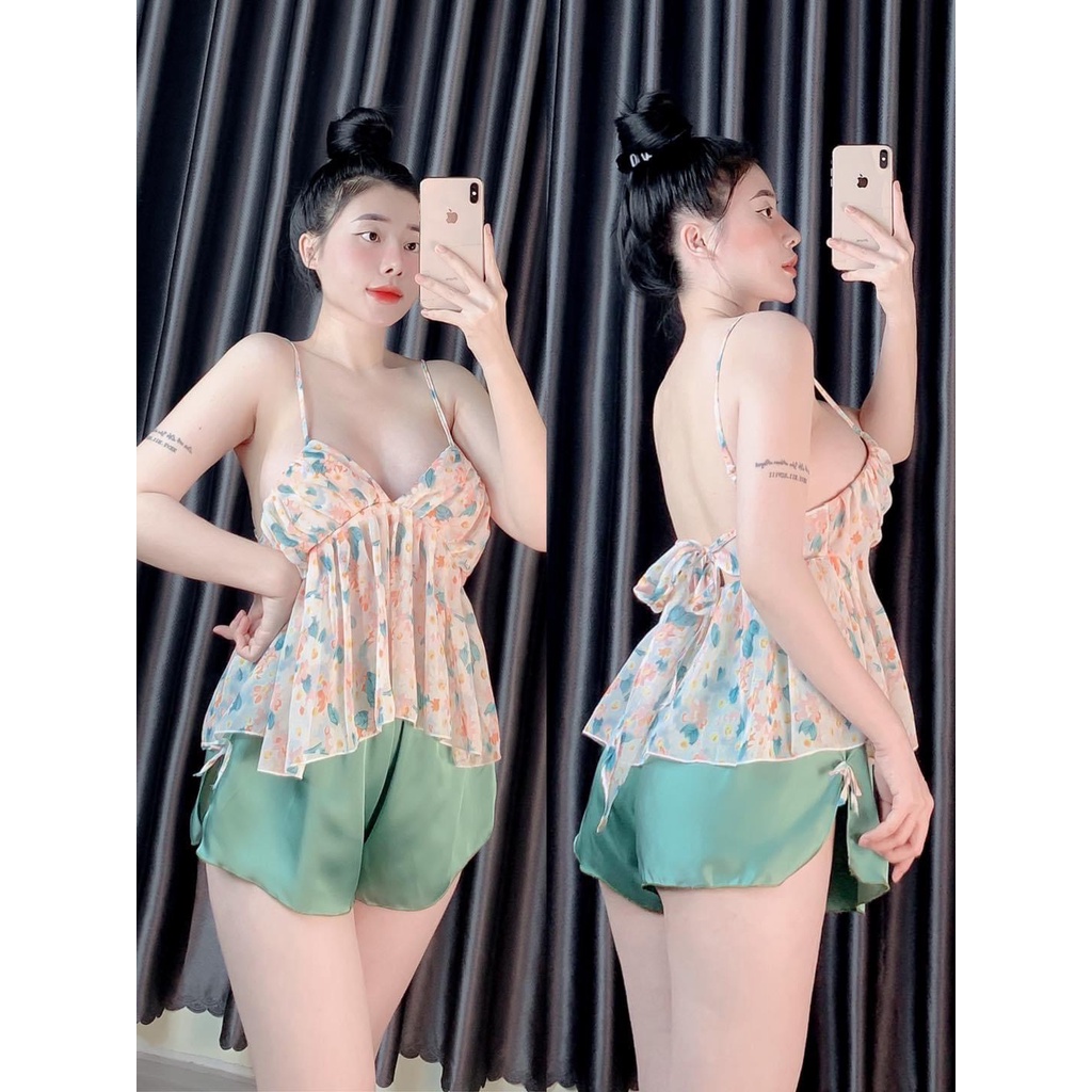 Đồ ngủ sexy đồ bộ 2 dây họa tiết hoa nhí, có mút ngực thích hợp mặc ngủ [DN4L]