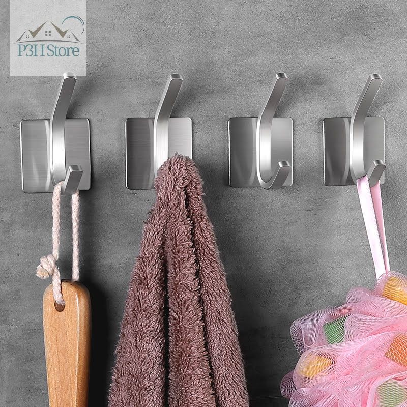 Set 4 móc treo 2 tầng inox đa năng bằng thép không rỉ kèm keo dán 3M BR02